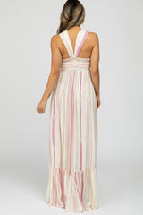 Pink Taupe Striped Halter Neck Maxi Dress