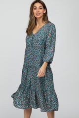 Blue Floral Button Front Tiered Ruffle Midi Dress