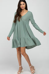 Light Olive Soft Brushed Ruffle Hem Dress