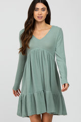 Light Olive Soft Brushed Ruffle Hem Dress