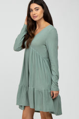 Light Olive Soft Brushed Ruffle Hem Dress