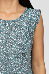 Teal Floral Ruffle Front Tank Top