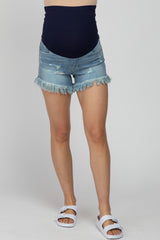 Light Blue Frayed Maternity Jean Shorts