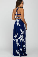 Navy Floral Cut Out Back Maternity Maxi Dress