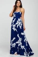 Navy Floral Cut Out Back Maternity Maxi Dress