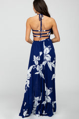 Navy Floral Cut Out Back Maxi Dress