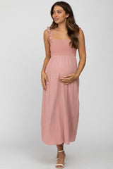 Pink Linen Square Neck Smocked Ruffle Strap Maternity Midi Dress