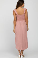 Pink Linen Square Neck Smocked Ruffle Strap Maternity Midi Dress