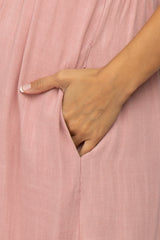 Pink Linen Square Neck Smocked Ruffle Strap Maternity Midi Dress