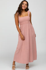 Pink Linen Square Neck Smocked Ruffle Strap Maternity Midi Dress