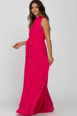 Fuchsia Mock Neck Pleated Maternity Maxi Dress