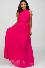 Fuchsia Mock Neck Pleated Maternity Maxi Dress