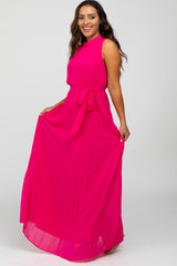 Fuchsia Mock Neck Pleated Maxi Dress