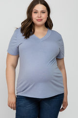 Blue Heathered V-Neck Plus Maternity Top