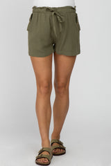 Olive Linen Front Tie Maternity Shorts