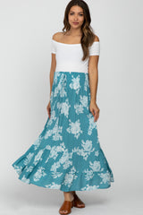 Teal Floral Smocked Elastic Waist Maternity Maxi Skirt