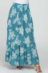 Teal Floral Smocked Elastic Waist Maxi Skirt