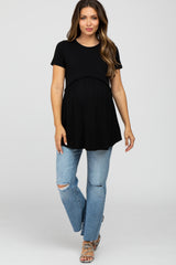 Black Solid Crochet Peplum Maternity Top