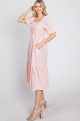 Pink Gingham Smocked Square Neck Puff Sleeve Midi Dress