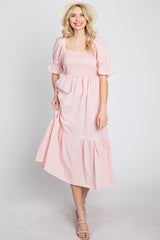 Pink Gingham Smocked Square Neck Puff Sleeve Midi Dress