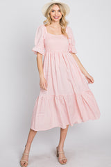 Pink Gingham Smocked Square Neck Puff Sleeve Midi Dress