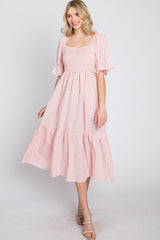 Pink Gingham Smocked Square Neck Puff Sleeve Midi Dress