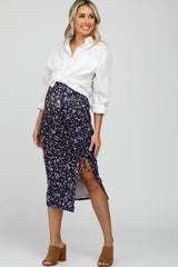 Navy Blue Floral Ruched Split Side Maternity Midi Skirt