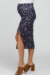 Navy Blue Floral Ruched Split Side Maternity Midi Skirt