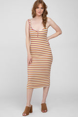 Multi-Color Striped Ribbed Snap Front Maternity Midi Dress