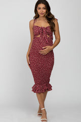 Burgundy Floral Tied Front Cutout Smocked Maternity Dress