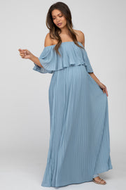 Light Blue Chiffon Pleated Off Shoulder Maternity Maxi Dress