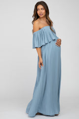 Light Blue Chiffon Pleated Off Shoulder Maternity Maxi Dress