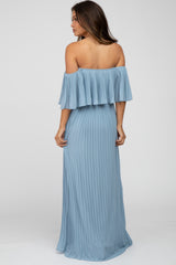 Light Blue Chiffon Pleated Off Shoulder Maternity Maxi Dress