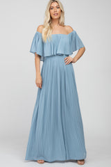 Light Blue Chiffon Pleated Off Shoulder Maternity Maxi Dress