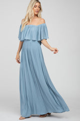 Light Blue Chiffon Pleated Off Shoulder Maxi Dress