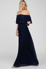 Navy Chiffon Pleated Off Shoulder Maxi Dress