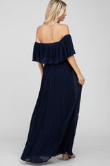 Navy Chiffon Pleated Off Shoulder Maxi Dress