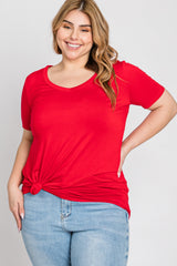 Red V-Neck Short Sleeve Plus Top