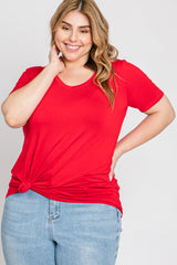 Red V-Neck Short Sleeve Plus Top