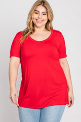 Red V-Neck Short Sleeve Plus Top