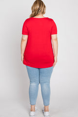 Red V-Neck Short Sleeve Plus Top