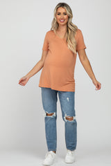 Salmon V-Neck Short Sleeve Maternity Top