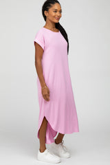 Pink Ribbed Rounded Hi-Low Hem Midi Dress