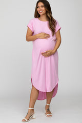 Pink Ribbed Rounded Hi-Low Hem Maternity Midi Dress