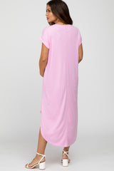 Pink Ribbed Rounded Hi-Low Hem Maternity Midi Dress