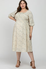 Cream Floral Smocked Plus Maternity Midi Dress