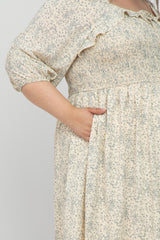 Cream Floral Smocked Plus Maternity Midi Dress