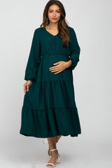 Forest Green Long Sleeve Tiered Maternity Maxi Dress