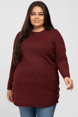 Burgundy Brushed Side Button Round Hem Plus Tunic