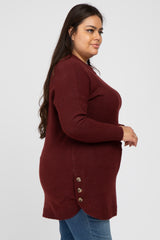 Burgundy Brushed Side Button Round Hem Plus Tunic